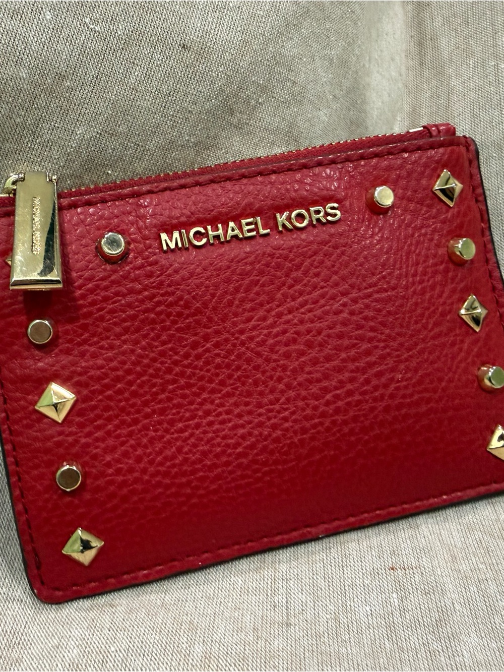 Michael Kors Red Pebbled Leather Stud Accent Card Case